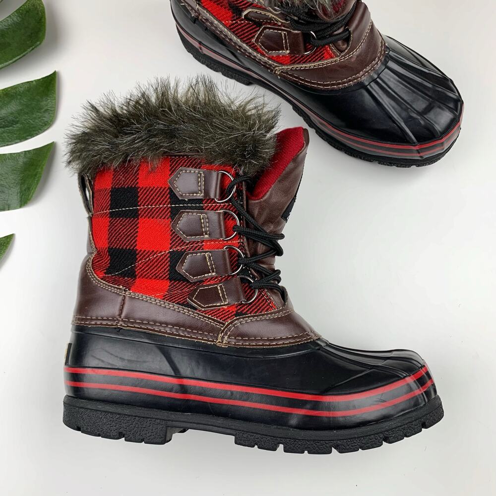 Tamarack Winter Boots Black Red Plaid Faux Fur Thinsulate 200 Gram Women's 7